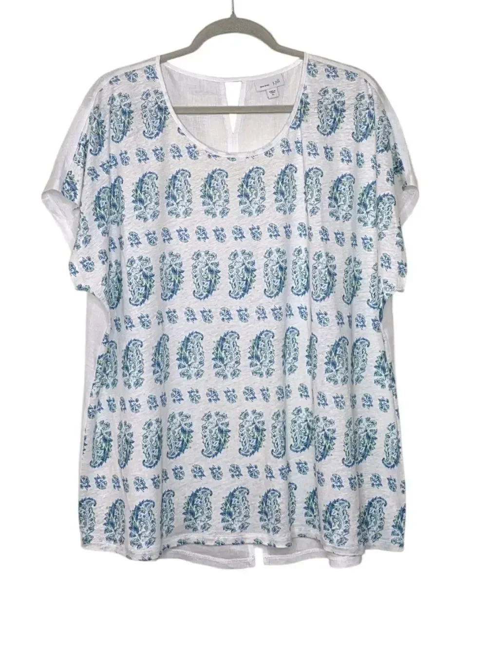 J. Jill Love Linen Blue & Green Paisley Linen Keyhole Detail Top Size XL NWOT